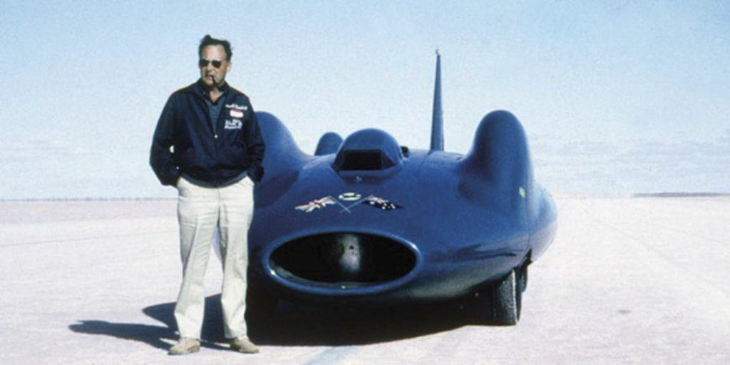 Donald Campbell at Lake Dumbleyung, in Western Australia in 1964 with his 276 mph record breaking Bluebird